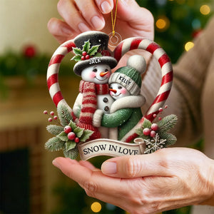 Snowman Couple First Christmas - Candy Cane Heart Personalized Acrylic Ornament