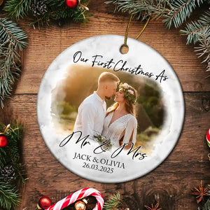Custom Photo First Christmas Couples - Personalized Circle Ceramic Ornament
