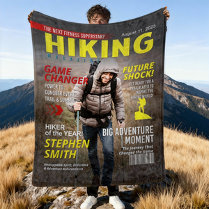 Personalized Hiking Magazine Cover Blanket Gift for Hiker, Adventure Lover Gift, Custom Outdoor Magazine Cover