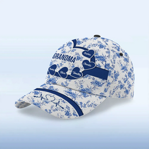 Blue Heart Floral Chinoiserie Patterned Personalized Cap, Mother's Day gift for Mom, Grandma