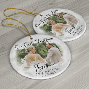 Custom Photo First Christmas Couples - Personalized Circle Ceramic Ornament