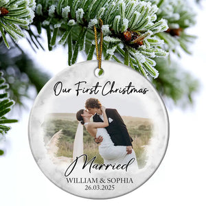 Custom Photo First Christmas Couples - Personalized Circle Ceramic Ornament