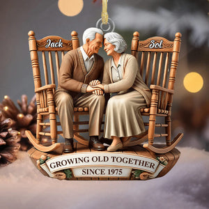 Old Couple Sitting On Rocking Chairs Together - Personalized Ornament
