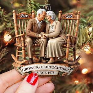 Old Couple Sitting On Rocking Chairs Together - Personalized Ornament
