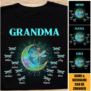 Personalized Grandma/Mom Kids Dragonfly Moon T-shirt