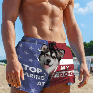 3D Stop staring at my dog Alaskan Malamute Custom Beach Shorts Swim Trunks