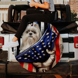 Shih Tzu Inside American Flag Independence Day Spare Tire Cover
