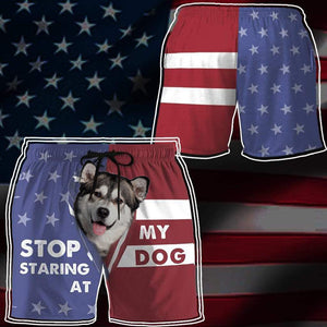 3D Stop staring at my dog Alaskan Malamute Custom Beach Shorts Swim Trunks