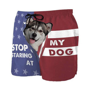 3D Stop staring at my dog Alaskan Malamute Custom Beach Shorts Swim Trunks