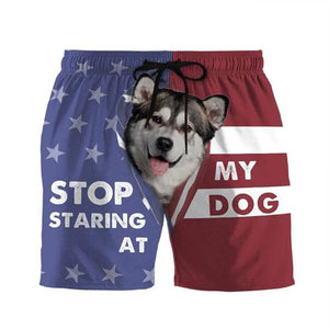 3D Stop staring at my dog Alaskan Malamute Custom Beach Shorts Swim Trunks