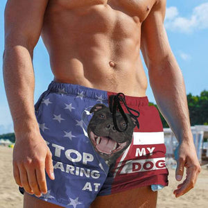 3D Stop staring at my dog Staffordshire Bull Terrier Beach Shorts Swim Trunks
