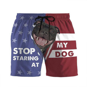 3D Stop staring at my dog Staffordshire Bull Terrier Beach Shorts Swim Trunks