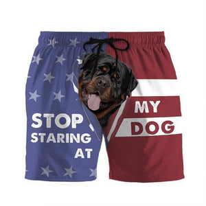 3D Stop staring at my dog Rottweiler Beach Shorts Swim Trunks