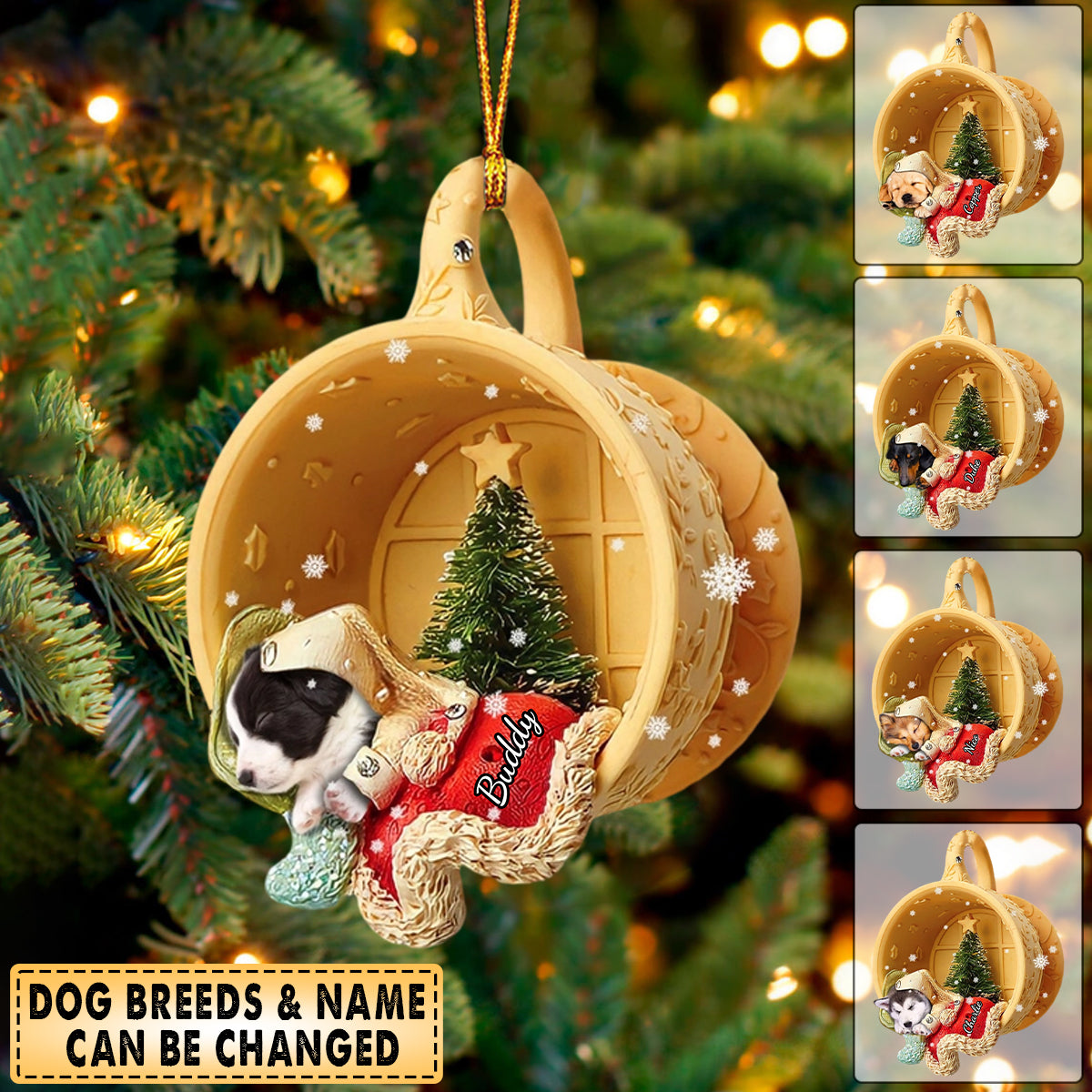 Personalized Dog Sleeping In A Tiny Cup Christmas Holiday-Two Sided Ornament