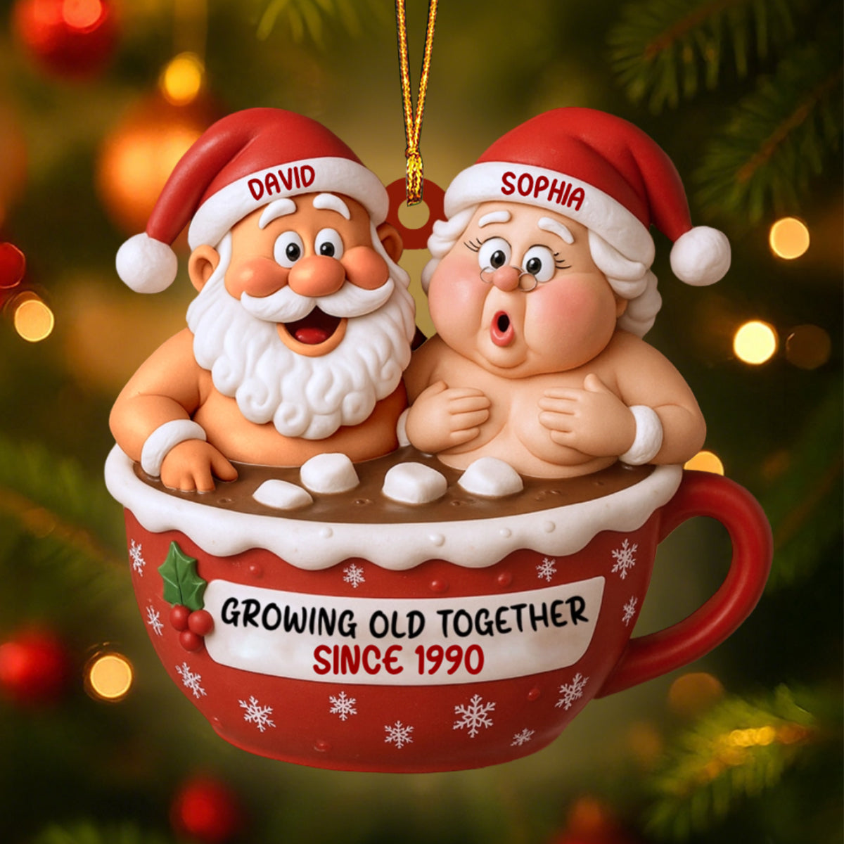 Growing Old Together Santa Claus In Hot Chocolate Cup,Personalized Ornament,Gift For Couples