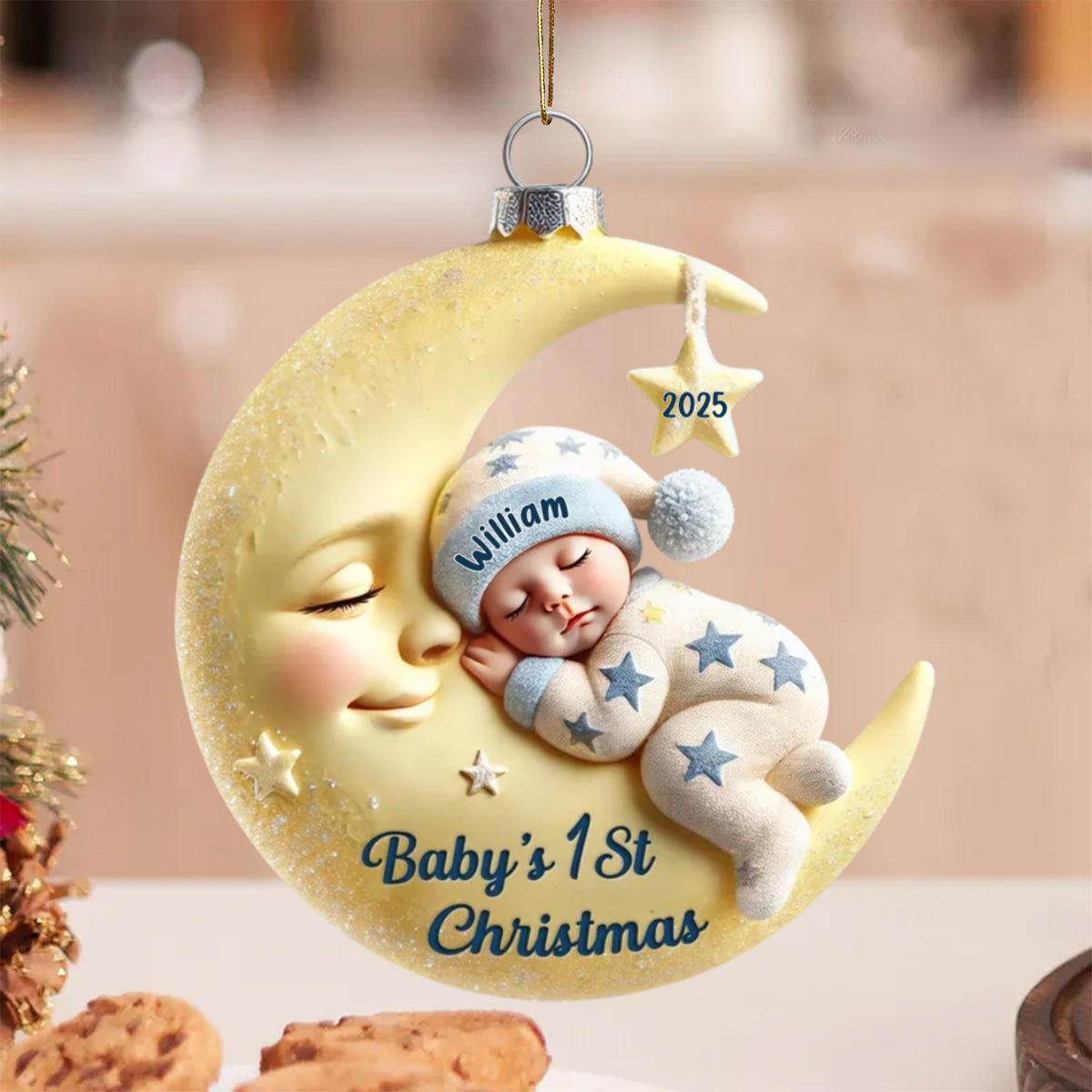 Baby On Moon First Christmas Keepsake Personalized Acrylic Ornament