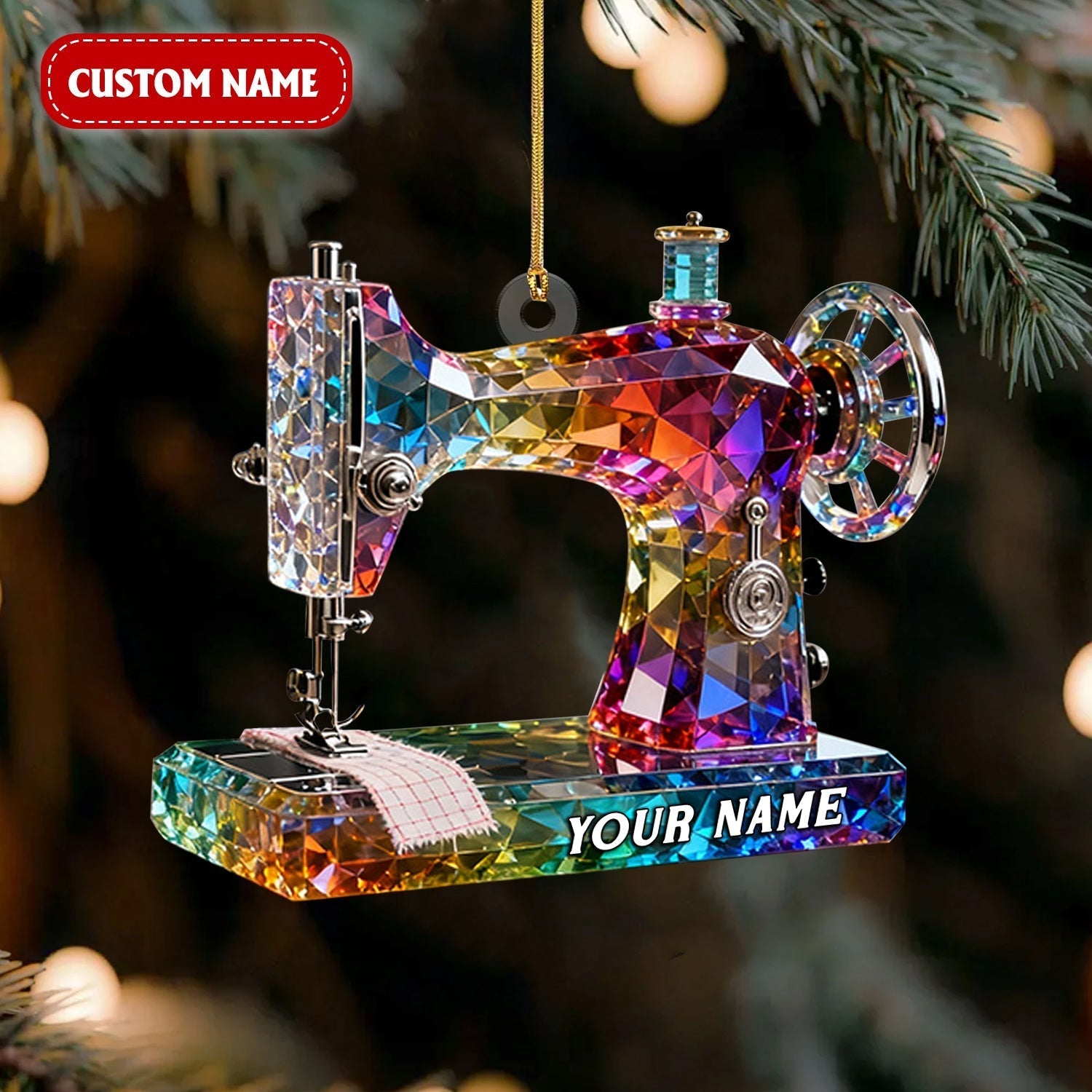 Stained Glass Effect Sewing Machine Custom Name Acrylic Ornament, Gift For A Tailor, Xmas Decor