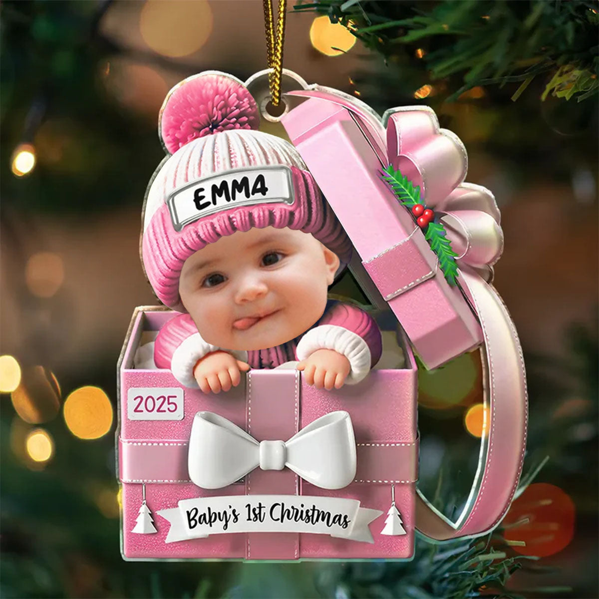 Baby First Christmas, Baby Reveals, Gift Box - Personalized Custom Shaped Acrylic Ornament