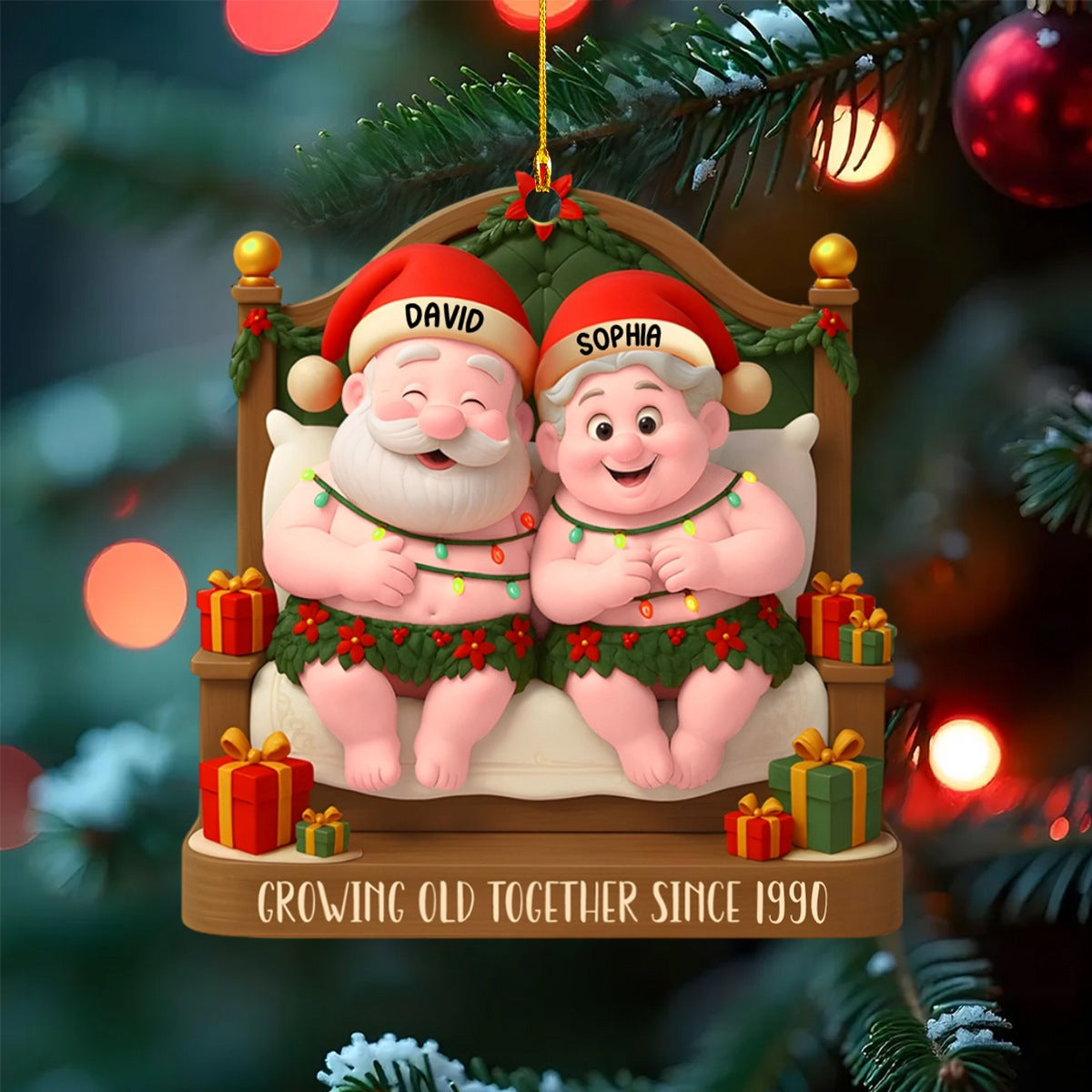 Growing Old Together With Santa Hats And Holly,Personalized Ornament,Gift For Couples