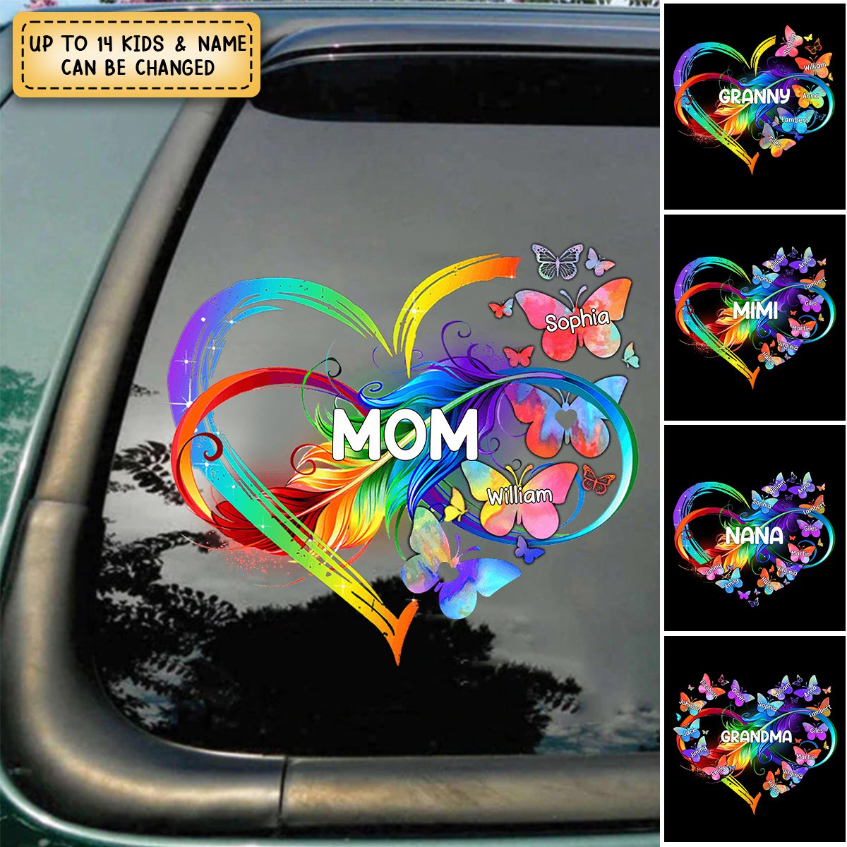 Personalized Grandma Mom Heart butterfly Rainbow Decal