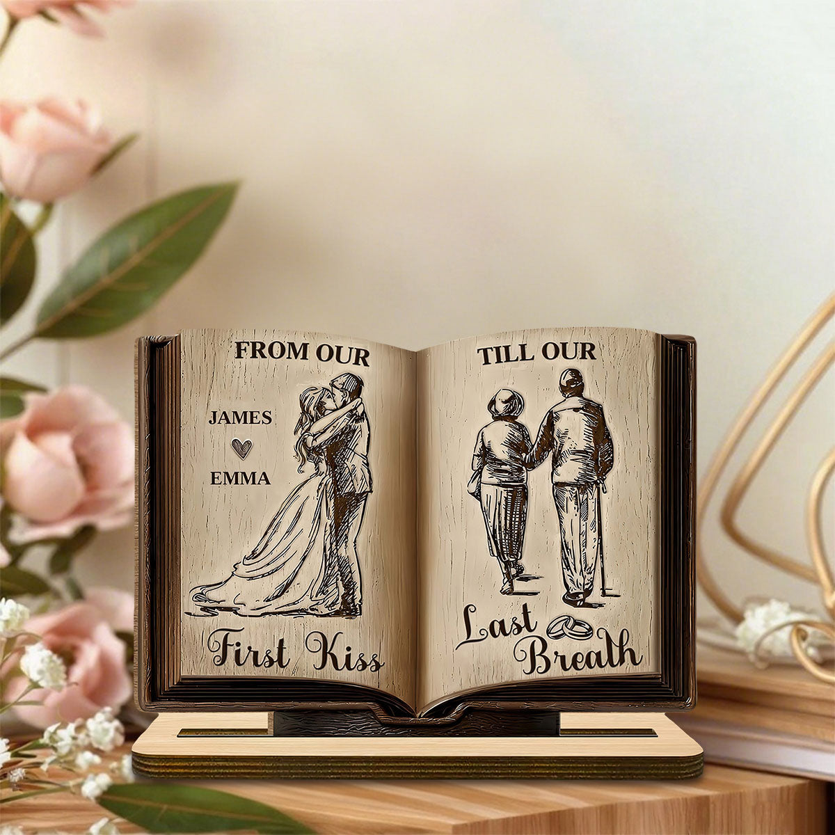 From Our First Kiss Till Our Last Breath Book Shape Wooden Plaque, Personalized Valentines Gift