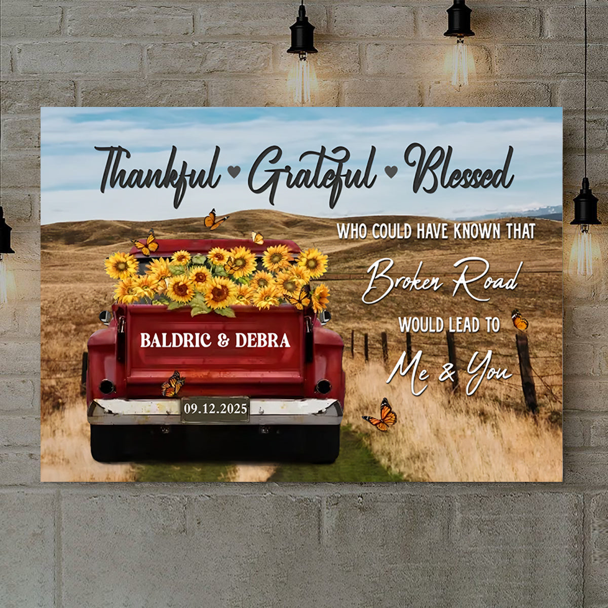 Personalized Canvas Prints - Rustic Farmhouse Red Truck, Customized Anniversary Couples Gifts, Thankful, Grateful, Blessed