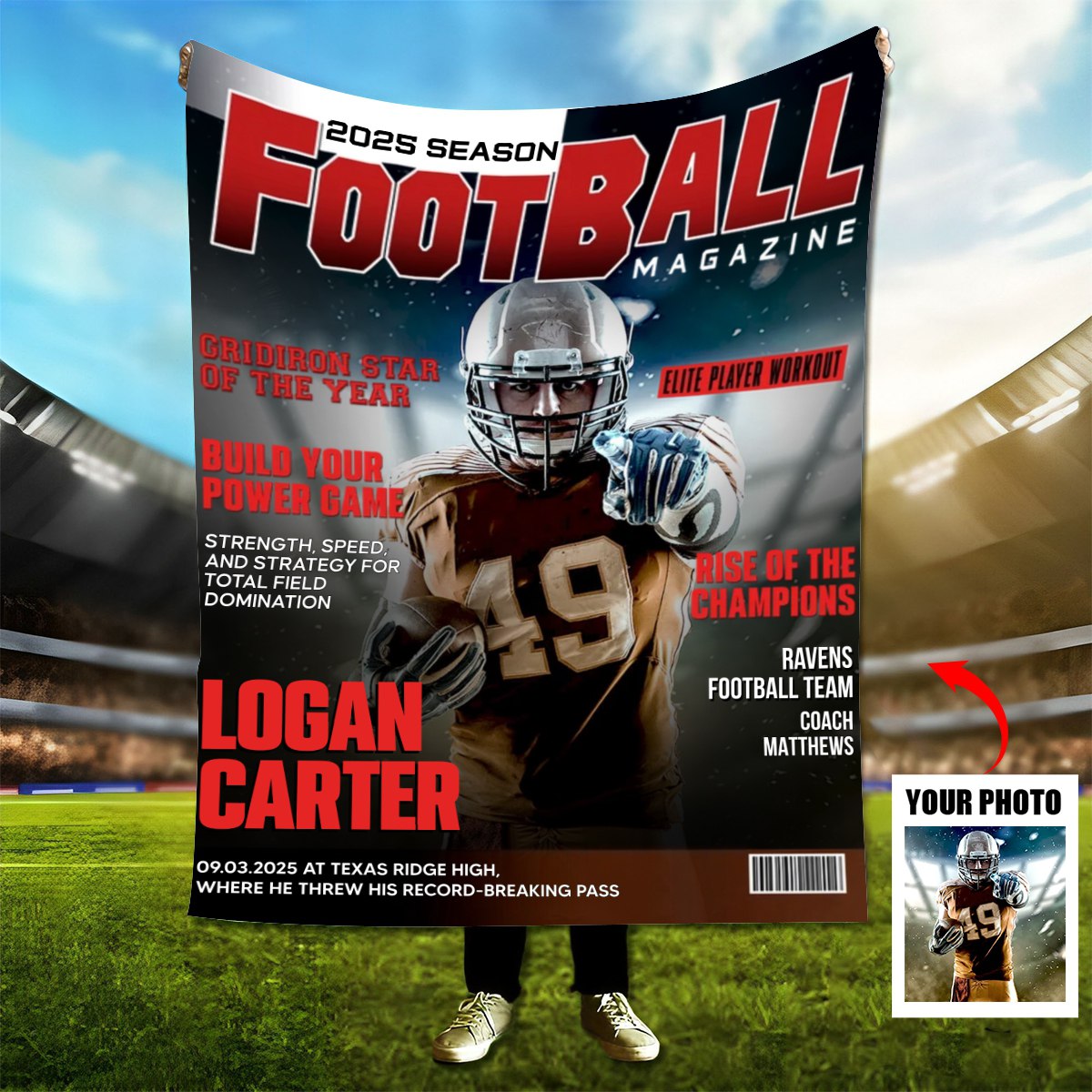 Personalized Football Magazine Cover  Blanket, Football Player Gift, Football America Gifts