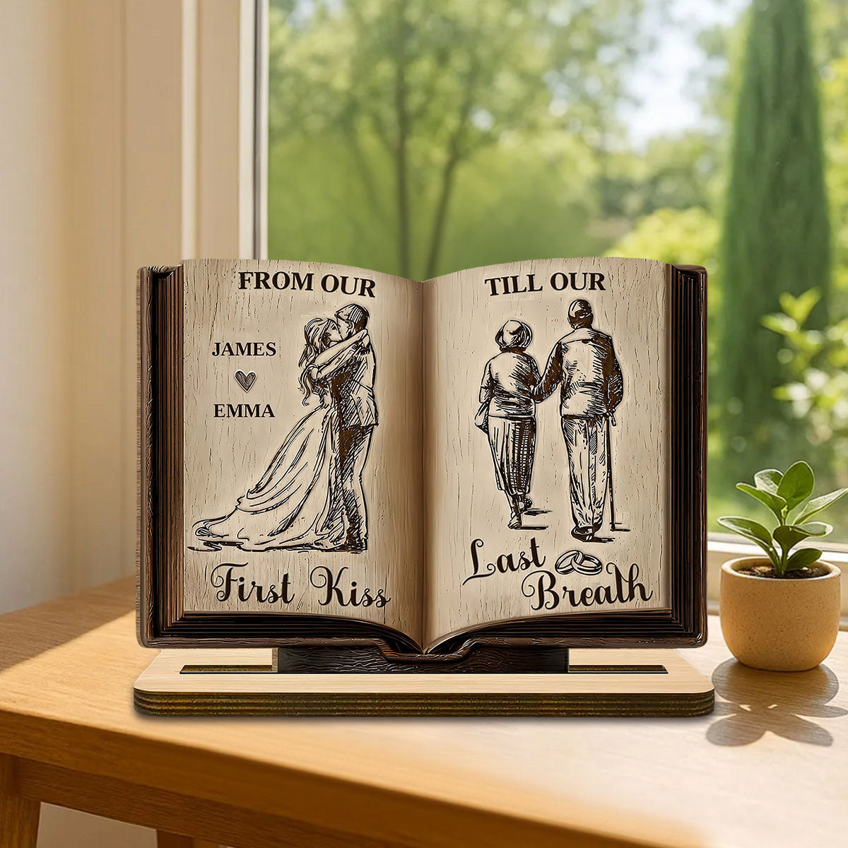 From Our First Kiss Till Our Last Breath Book Shape Wooden Plaque, Personalized Valentines Gift