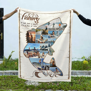 Personalized Fishing Photo Collage Blanket, Fish Shape Blanket, Fishing Gift