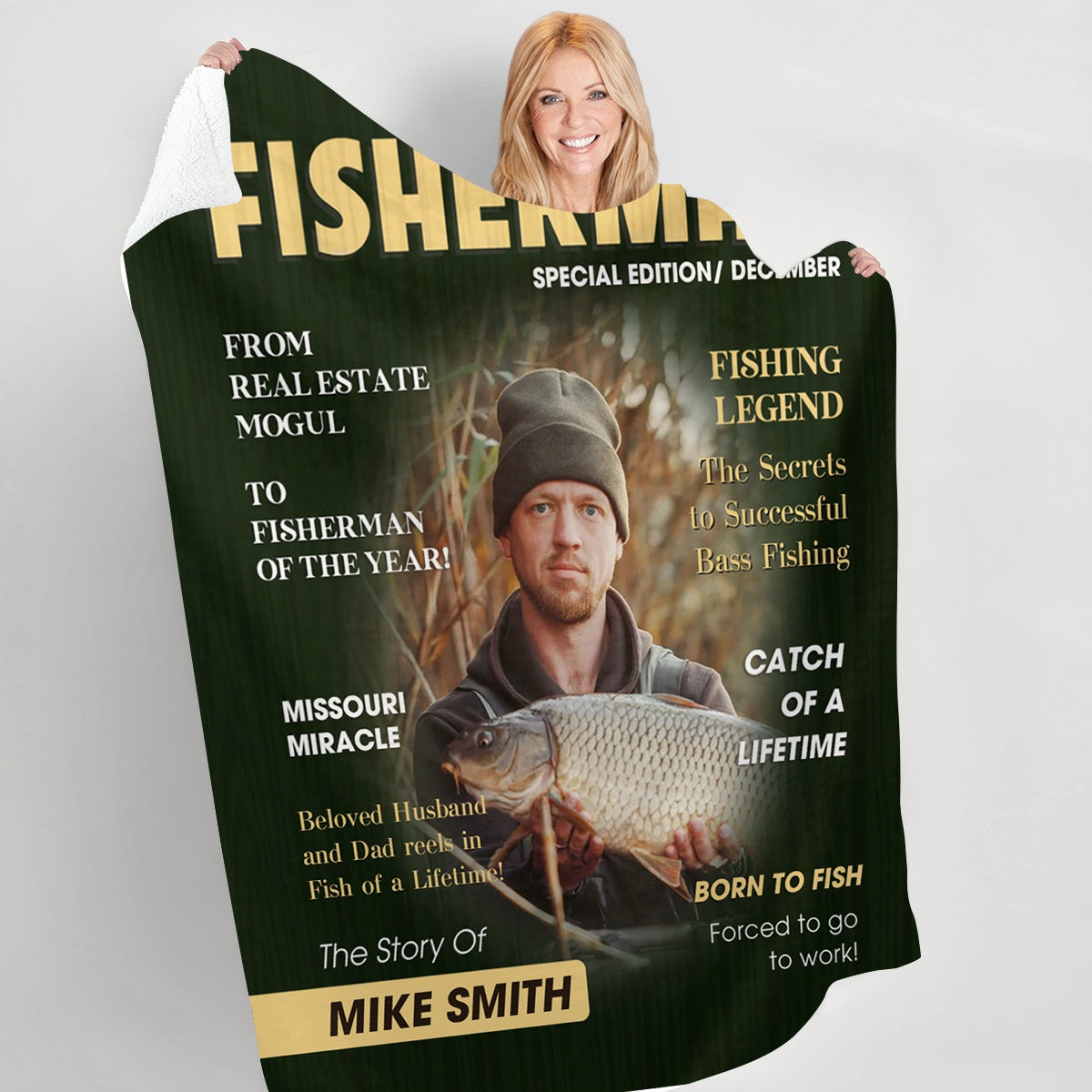 Custom Fishing Magazine Cover Blanket, Personalized Gift For Fishermen,Fishing Dad Gift, Angler Funny Fisherman Gift