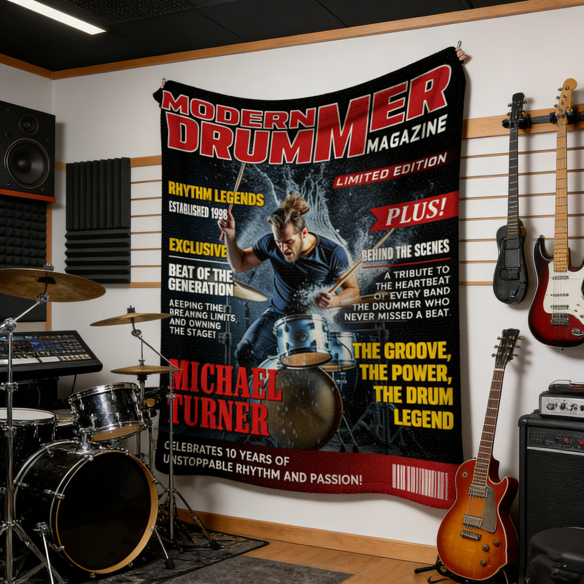 Personalized Modern Drummer Magazine Cover Blanket, Cool Gift For Music Lover, Drummer Gift