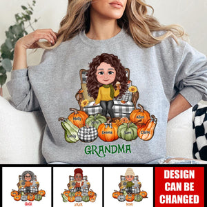 Grandma Sitting On Chair Pumpkins Personalized Sweatshirt