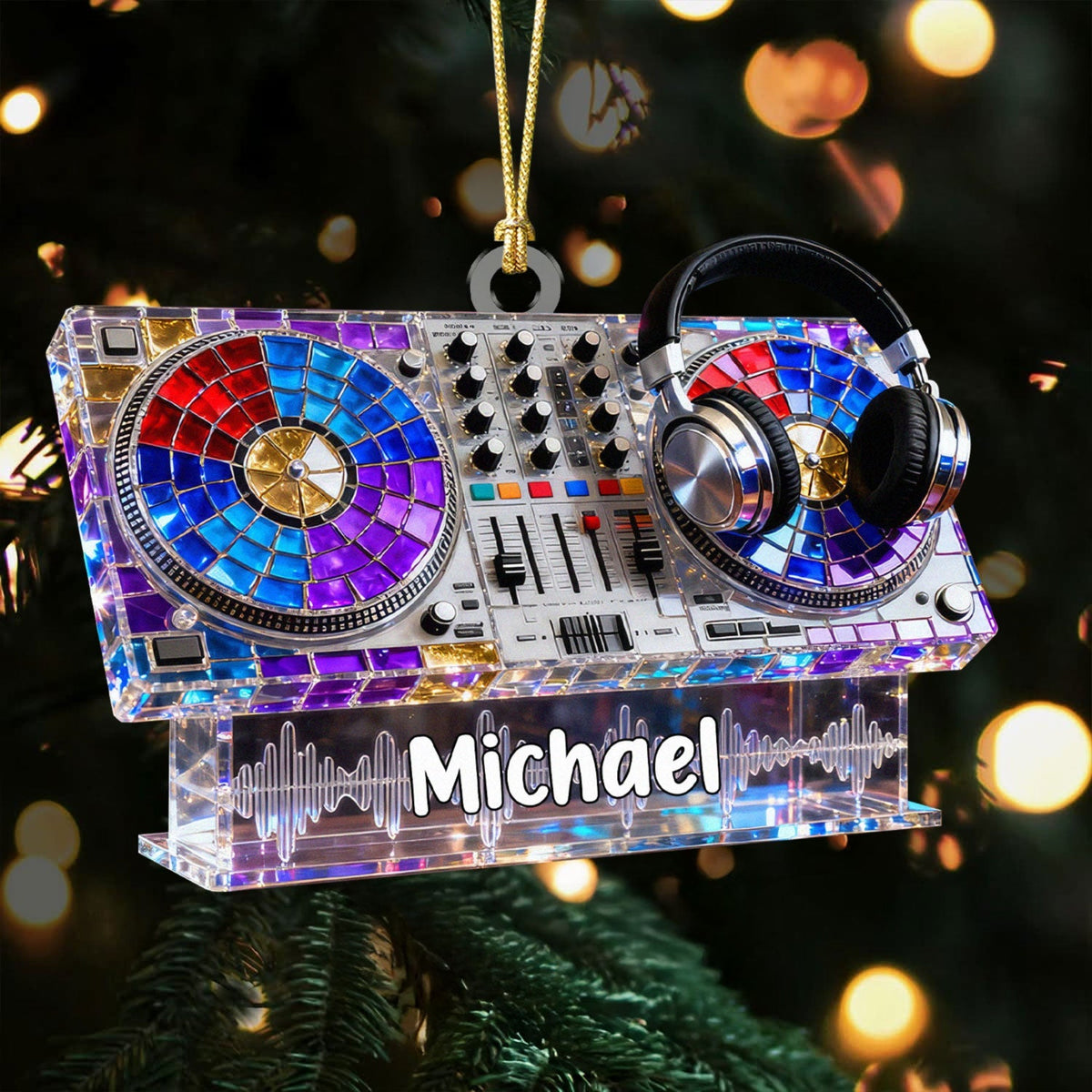 Custom Name Disc Jokey Stained Glass Effect Acrylic Christmas Ornament, Gift For DJ