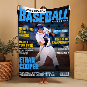 Personalized Baseball Magazine Cover Blanket, Baseball Player Gift
