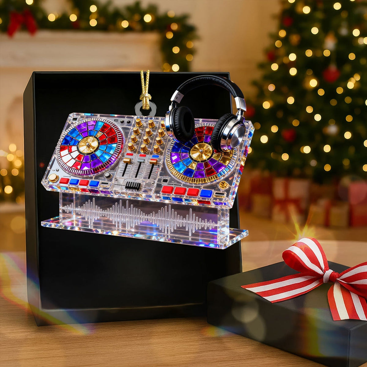 Custom Name Disc Jokey Stained Glass Effect Acrylic Christmas Ornament, Gift For DJ