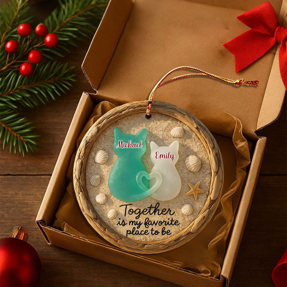 Together Is My Favorite Place to Be - Personalized Sea Glass Cat Couple Beach Ornament