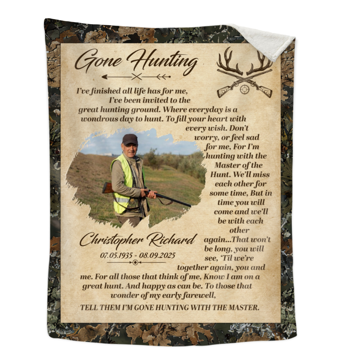 Personalized Gone Hunting Blanket,Custom Hunter Memorial, Sympathy Gift, Keepsake For Hunter