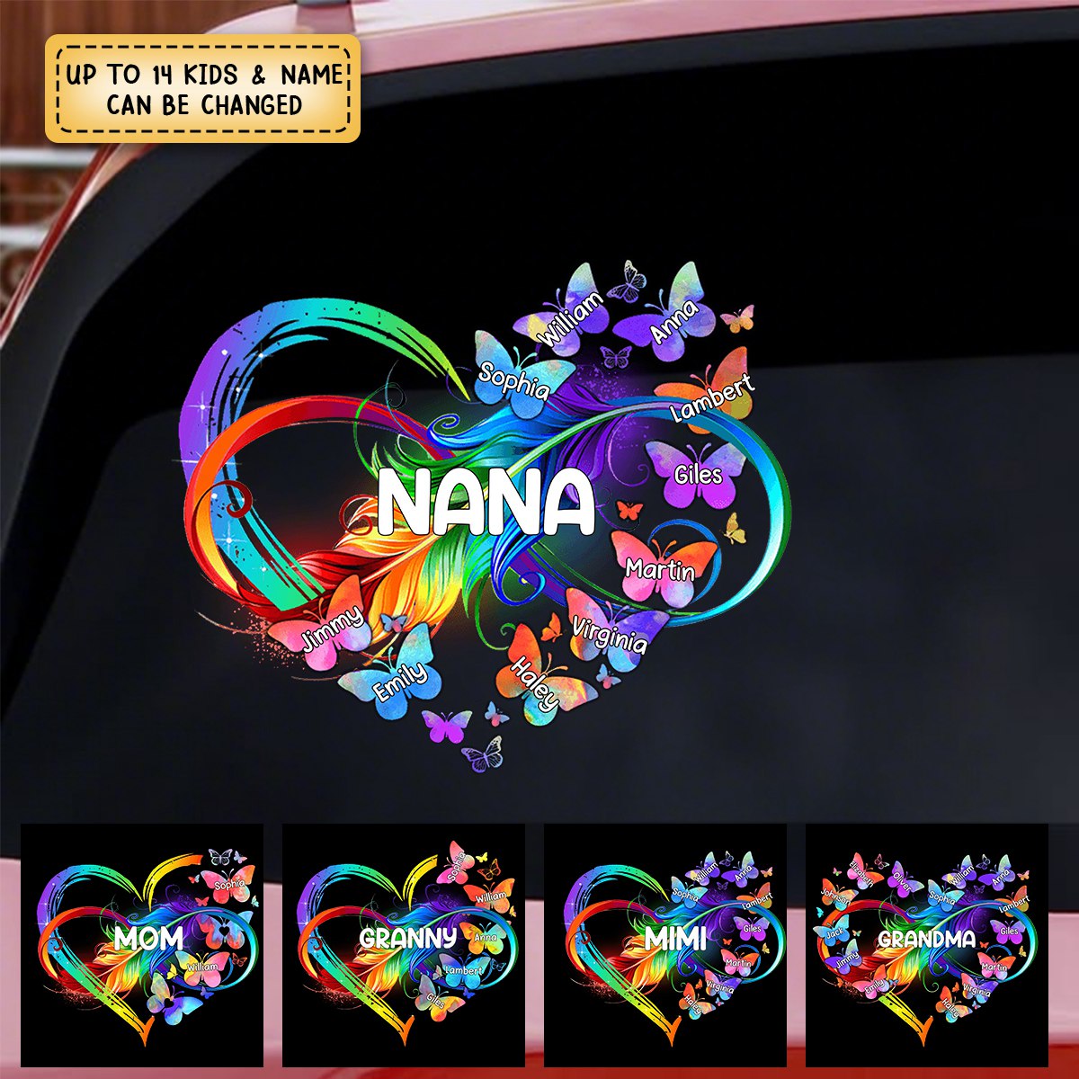 Personalized Grandma Mom Heart butterfly Rainbow Decal