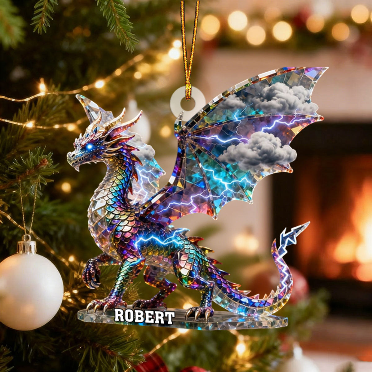 Lightning Dragon Crystal Effect Personalized Acrylic Ornament, Dragon Lover Christmas Present Ideas, Xmas Fantasy Decor