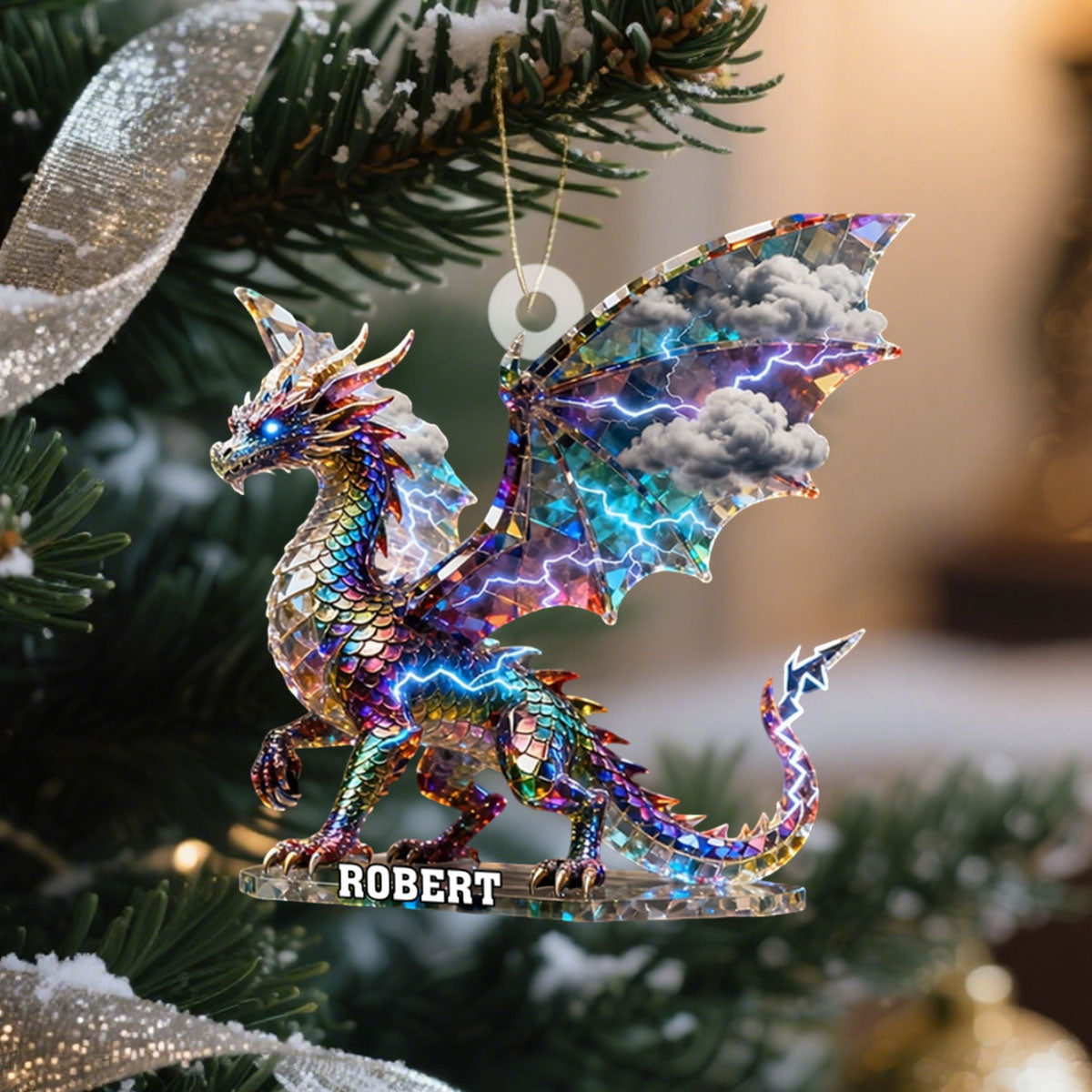 Lightning Dragon Crystal Effect Personalized Acrylic Ornament, Dragon Lover Christmas Present Ideas, Xmas Fantasy Decor