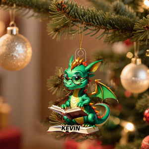 Dragon Reading Books Ornament - Personalized Christmas Gift for Book Lover