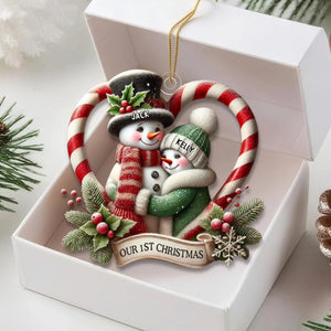 Snowman Couple First Christmas - Candy Cane Heart Personalized Acrylic Ornament