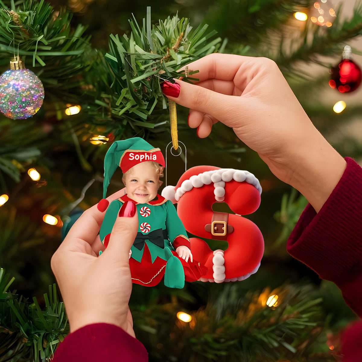 Custom Kid Face Photo - Initials Personalized Christmas Ornament