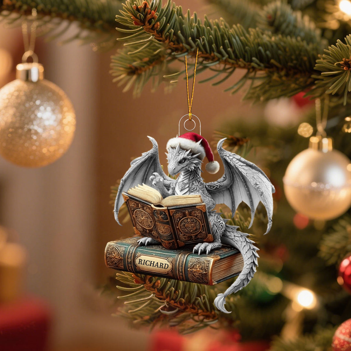 Dragon Reading Book Christmas Ornament, Personalized Ornament