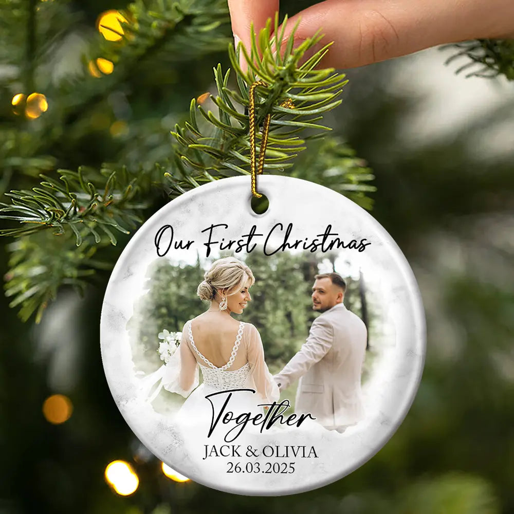 Custom Photo First Christmas Couples - Personalized Circle Ceramic Ornament