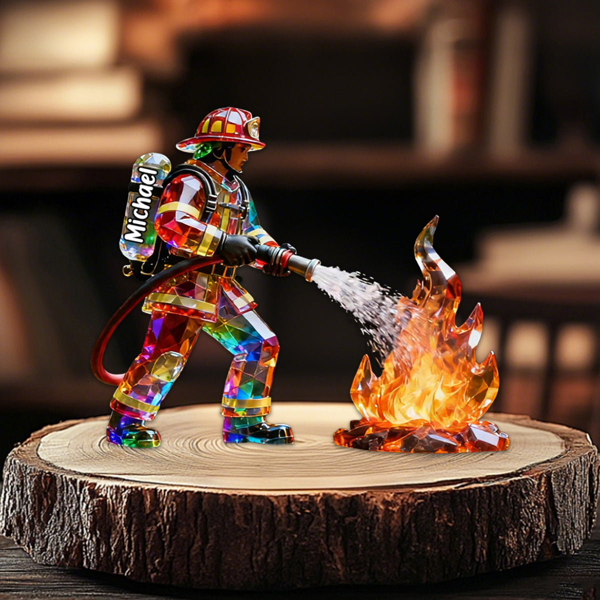 Firefighter Figurine Stained Glass Crystal Effect Personalized Acrylic Plaque, Firefighter Gift