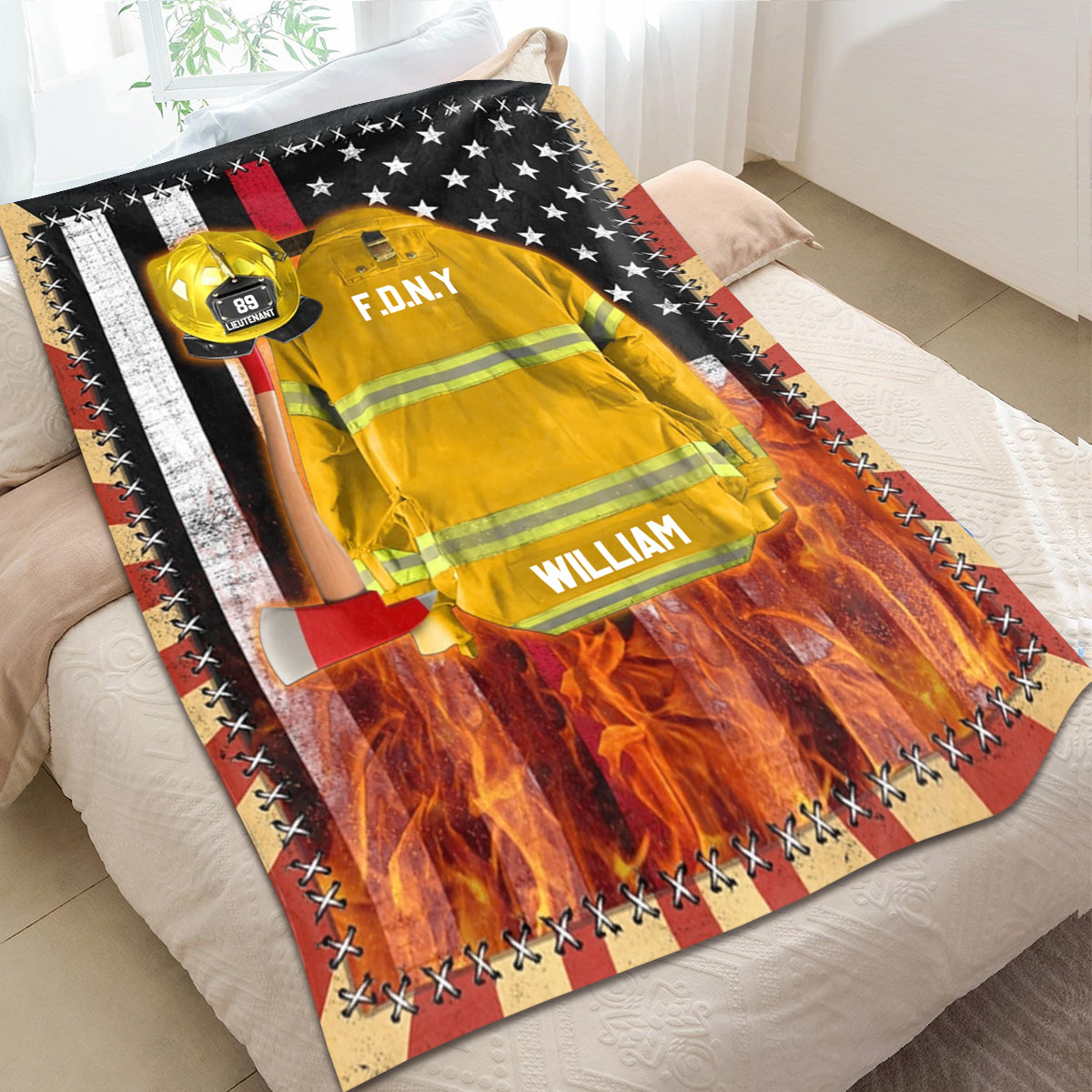 Custom Name Firefighter Us Flag Armor Personalized Blanket Gifts for Firefighter Fireman