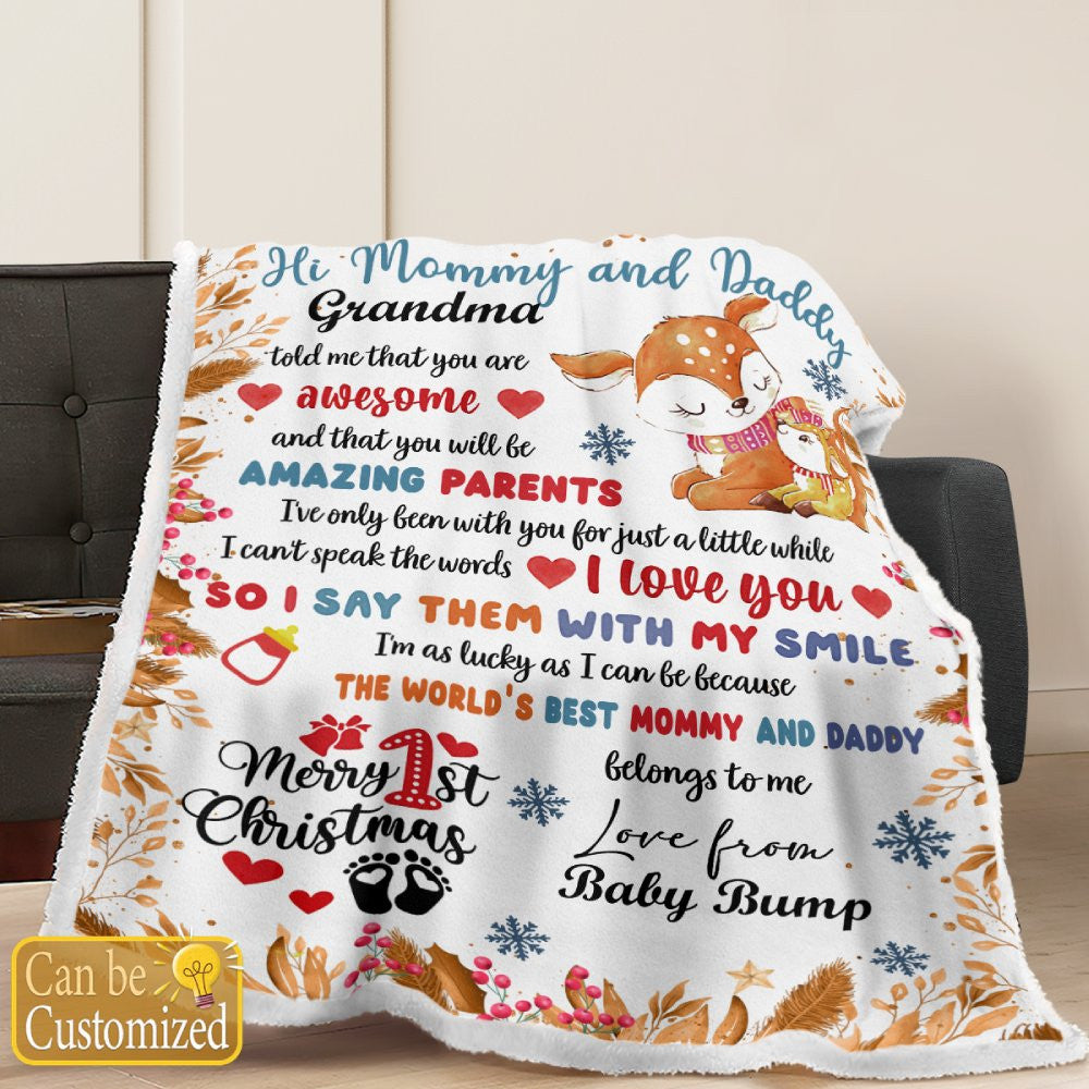 Merry 1st Christmas - Baby Dear Mommy & Daddy We Love You Personalized Blanket