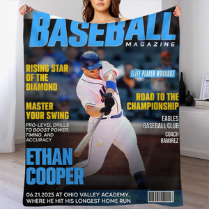 Personalized Baseball Magazine Cover Blanket, Baseball Player Gift
