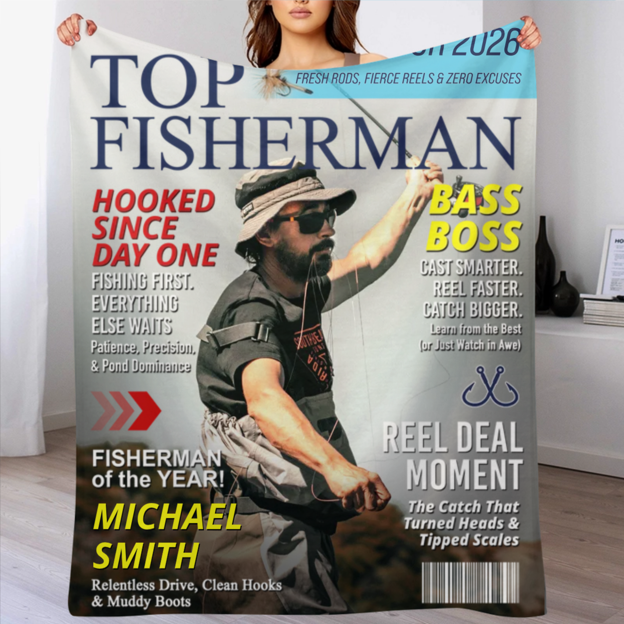 Personalized Fishing Magazine Cover Blanket Gifts for Men, Fly Fishing, Fishing Dad Gift